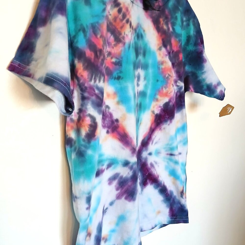 Tie Dye T-Shirt Off Center Diamond Pattern Blue Purple Orange Pink Kid's Large - Picture 13 of 16